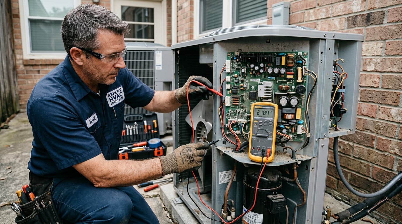 HVAC Engineer diagnosing inverter PCB circuit board