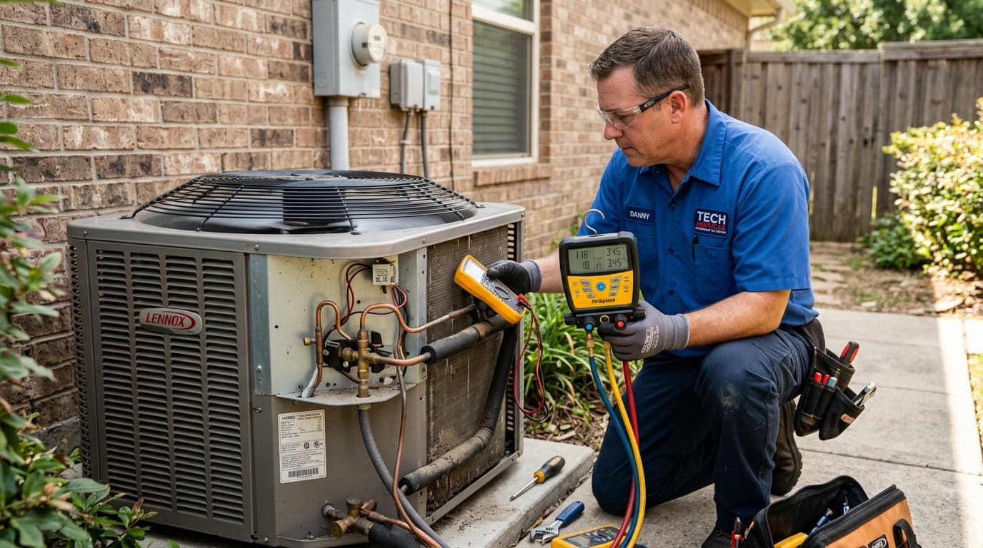 Emergency AC Diagnostic inspection on outdoor compressor unit